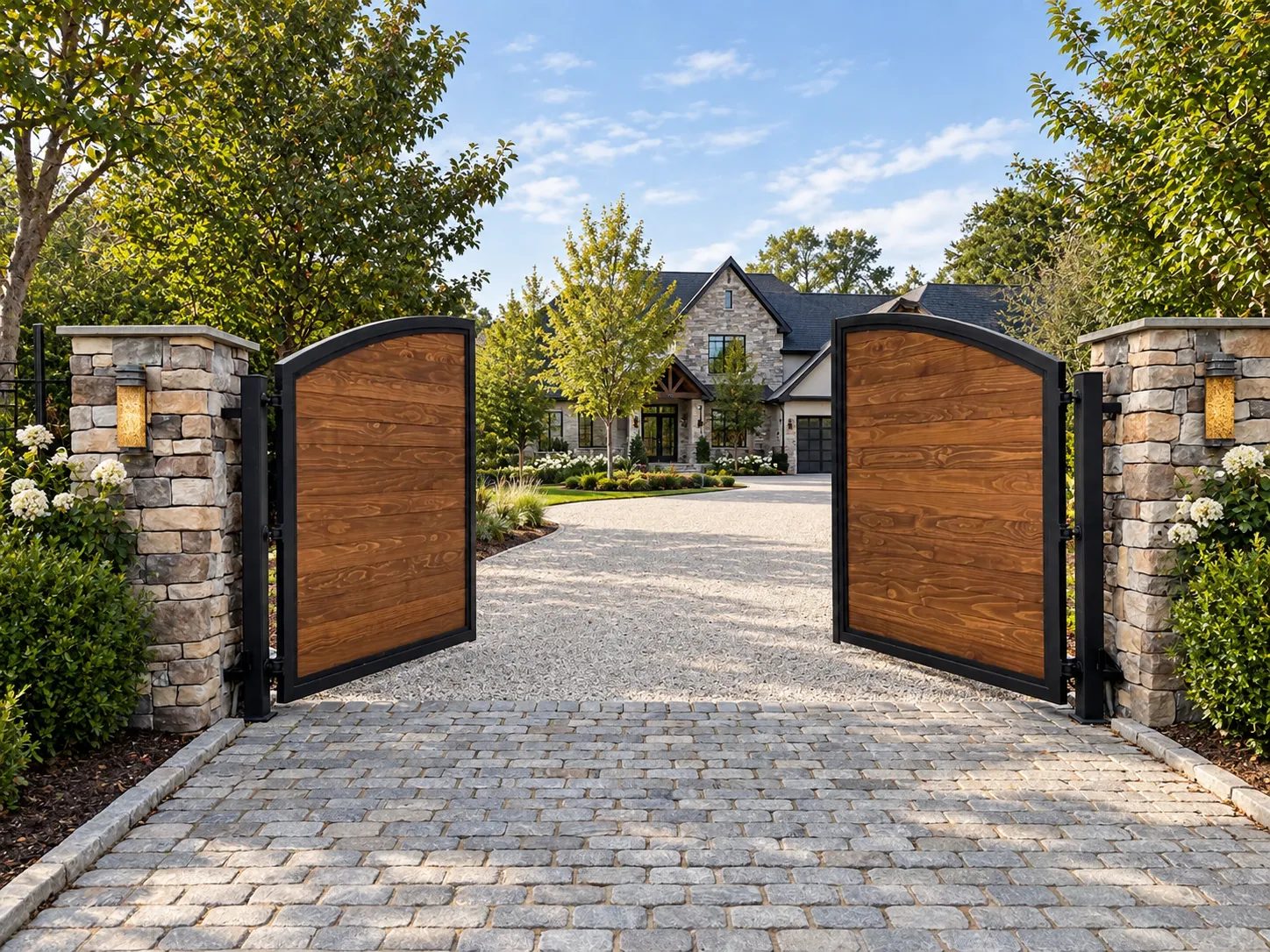 Wood and steel double swing gate standing open between stone piers