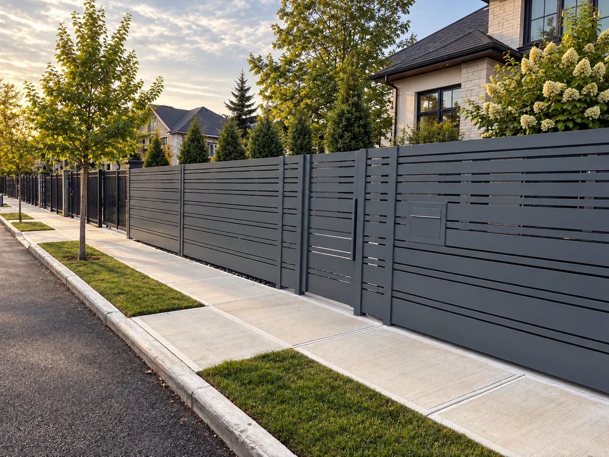 Gray horizontal slat fence with a pedestrian gate and built-in mailbox along a tree-lined sidewalk